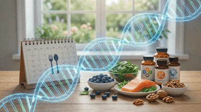 Genetic testing — DNA helix with healthy foods and supplements on a desk
